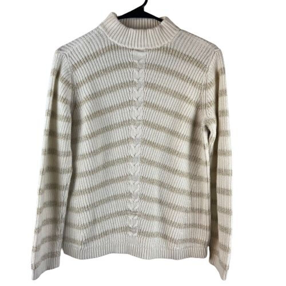 Talbots Womens Medium Sweater Pullover White Gold Striped Long Sleeve Knit
